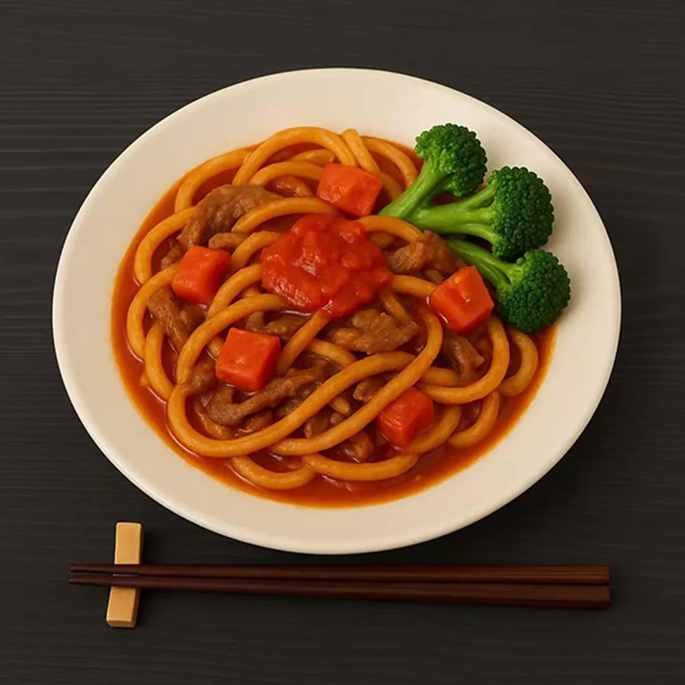 Tomato Beef Stir-Fried Udon at One N Half Lab，a Taiwanese Street Food & Bubble Tea Shop in Issaquah
